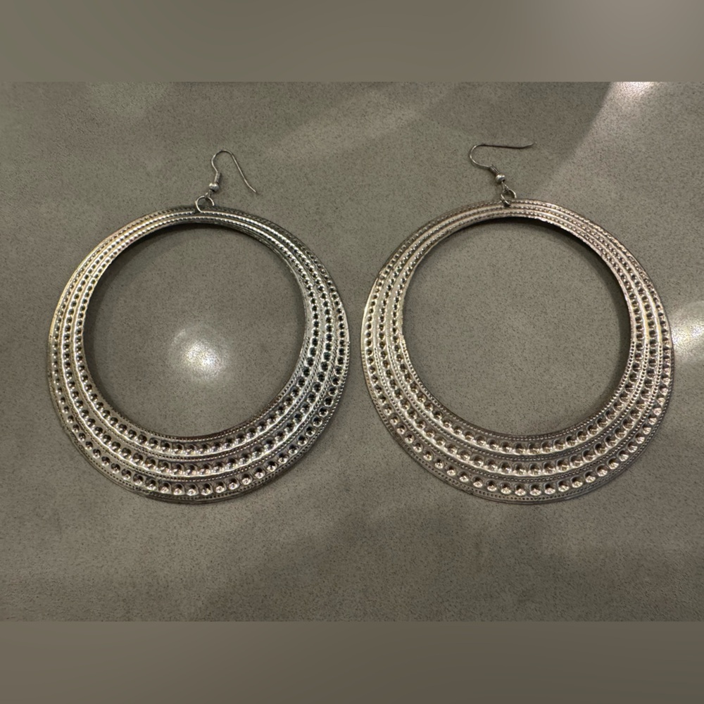Huge Silver Circular Earrings - Dangle Hoops!